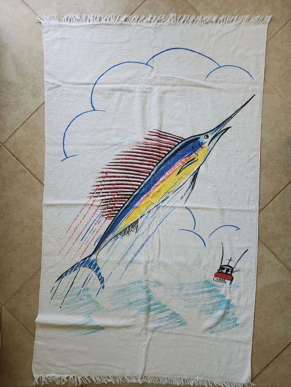 Lot of 2 Vtg Cannon Beach Towel w fringe Good Catch Sailfish graphic 60s 70s
